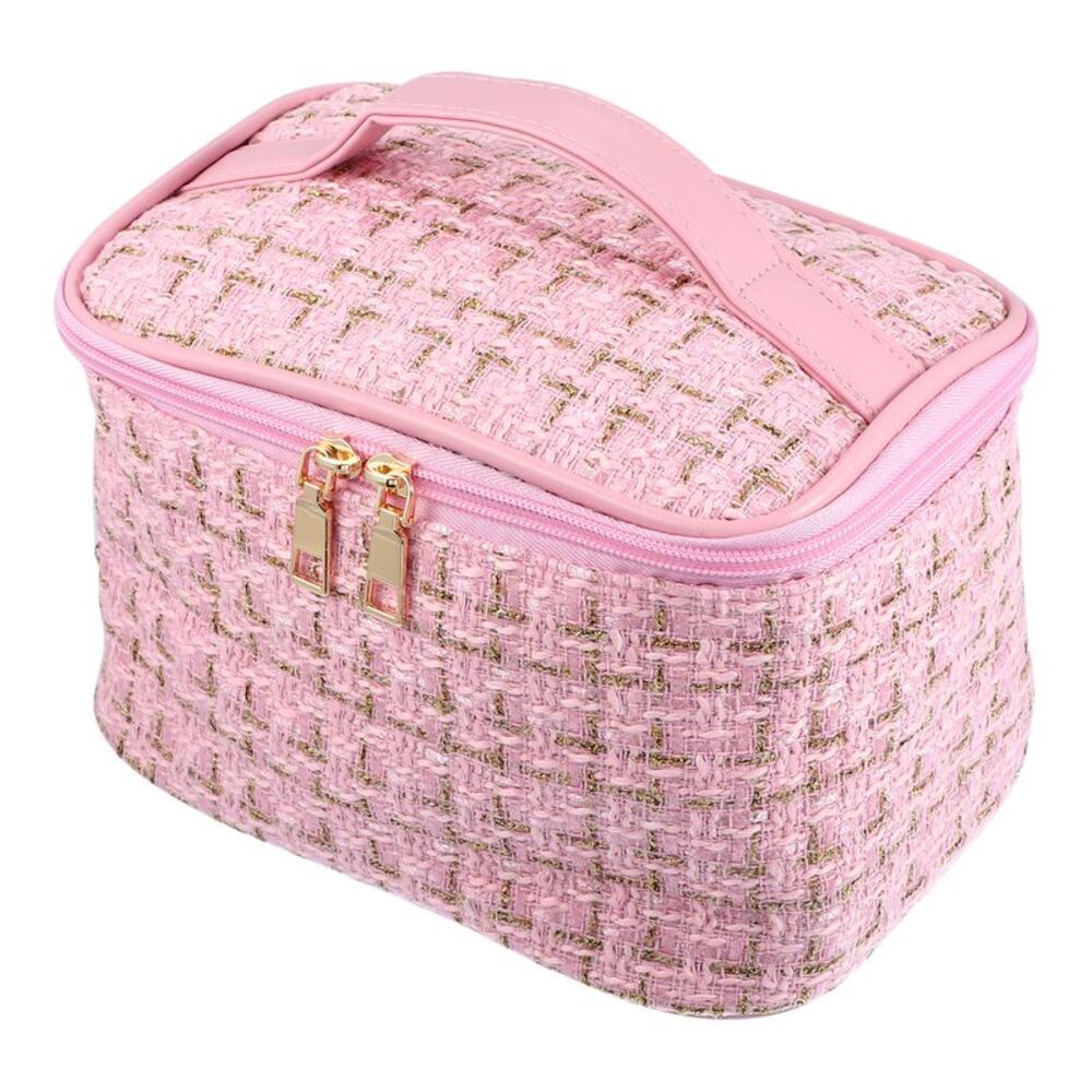 Plaid Pattern Large Cosmetic Travel Woolen Make Up Brush Organizer Bag Pink